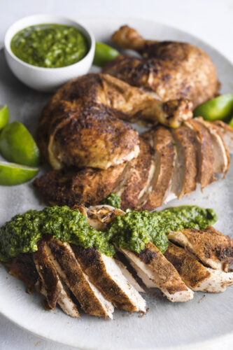 Savory green chutney brings bright, fresh flavor to simple roasted chicken for Passover